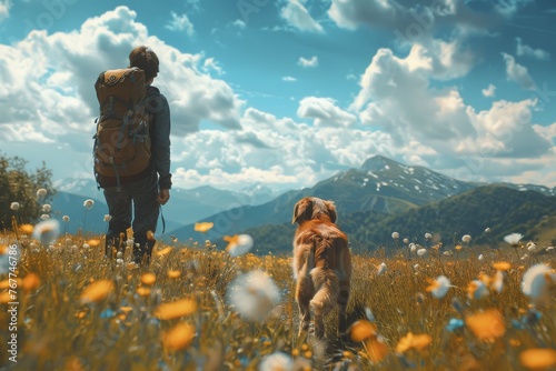 A man and his dog are walking through a field of yellow flowers
