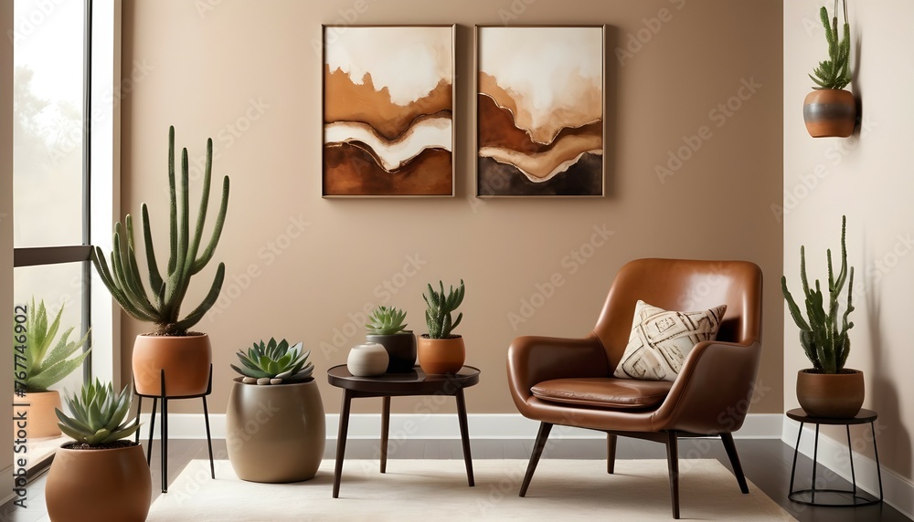 An abstract artwork featuring warm earth tones hanging above a leather accent chair, with a side table showcasing a collection of succulents in modern ceramic pots.