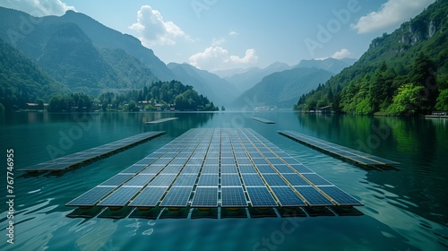 Solar panels afloat on lake, backdrop of mountains, azure sky photo