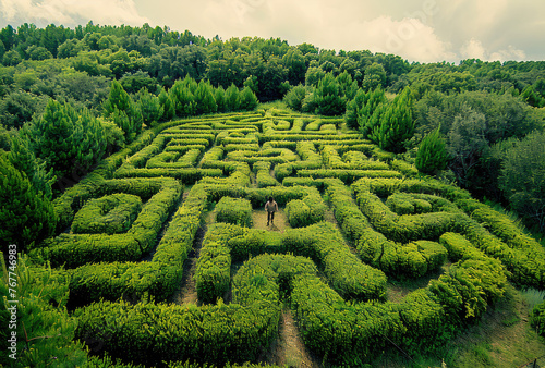 A labyrinth made of hedges in the middle of an enchanted forest, an aerial view, a small figure is lost among them