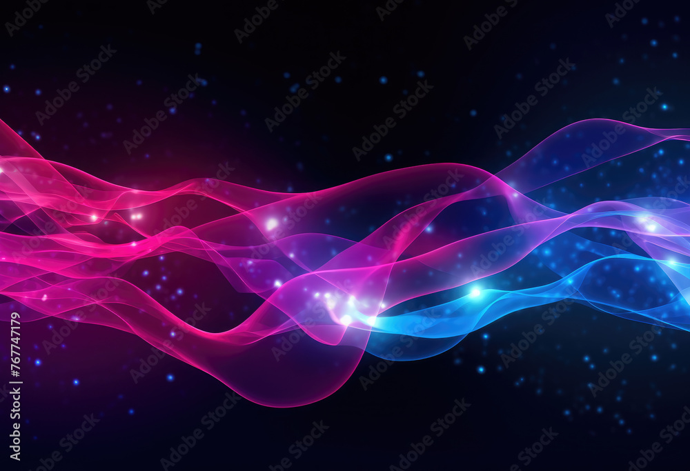 Abstract blue dot and line dark background. Cyber big data flow. Blockchain data fields. Network line connect stream. AI technology, digital communication, science research concept. 