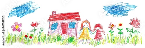 Children's drawing with colored chalk on white paper.