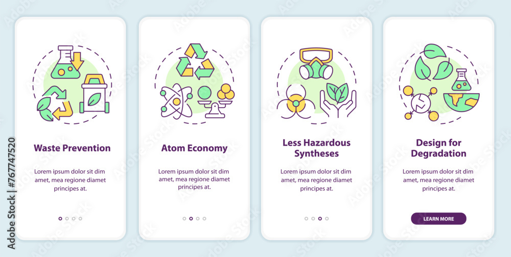 Green chemistry key principles onboarding mobile app screen. Walkthrough 4 steps editable graphic instructions with linear concepts. UI, UX, GUI template. Myriad Pro-Bold, Regular fonts used Green chemistry key principles onboarding mobile app screen. Walkthrough 4 steps editable graphic instructions with linear concepts. UI, UX, GUI template. Myriad Pro-Bold, Regular fonts used