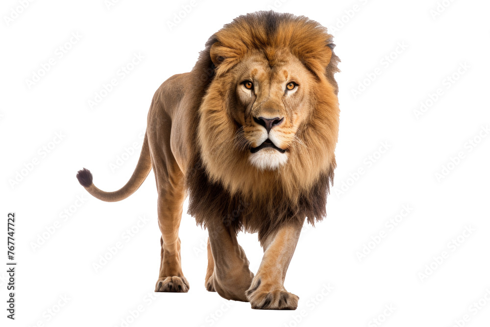 Side view of a Lion walking, looking at the camera, Panthera Leo, 10 years old, isolated on white