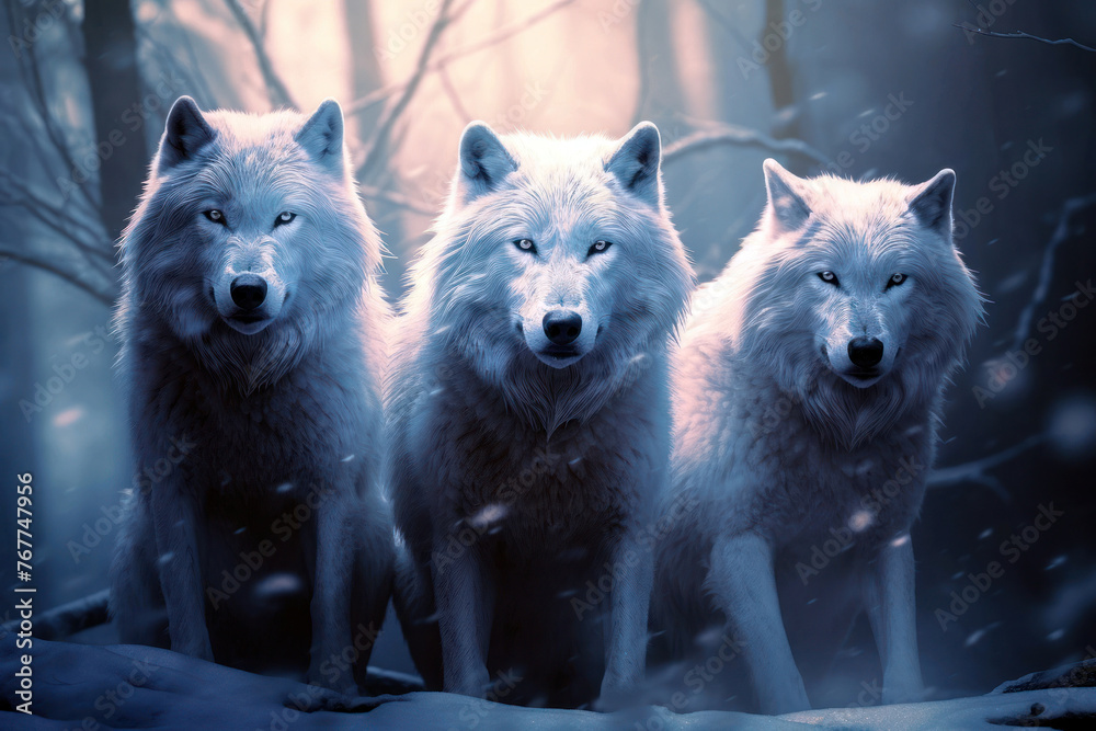 Illustration de trois loups blancs dans une forêt. - obrazy, fototapety, plakaty 