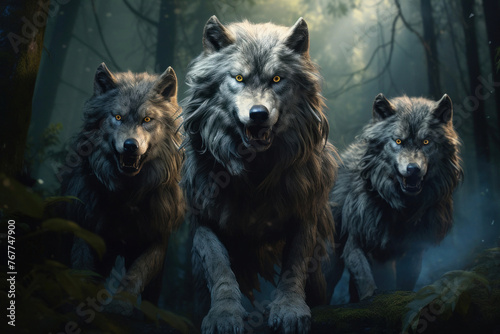 Illustration de trois loups féroces dans une forêt.
