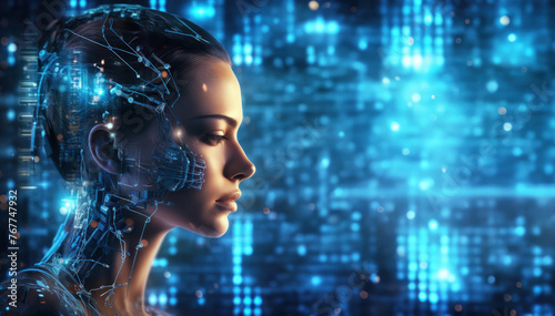 Intelligence artificielle, illustration d'une femme symbolisant les technologies du futur, image avec espace pour texte.