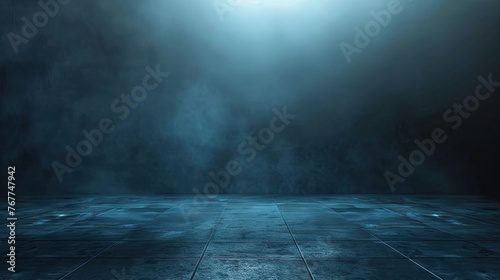 a dark blue gradient background with cinematic light and and a ceramic floor 