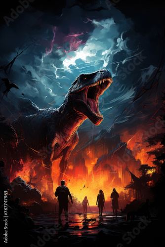 Illustration d'un dinosaure féroce détruisant une ville en feu la nuit. © David Giraud