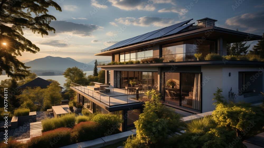 A house with solar panels is nestled among trees and mountains