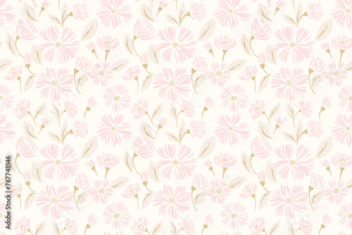 Pastel soft or gently abstract flowers and buds  shapes leaves seamless pattern. Vector hand drawn sketch. Simple creative ditsy floral background. Template for designs  fashion  children textiles