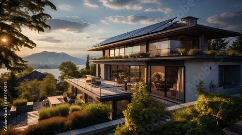 A house with solar panels is nestled among trees and mountains