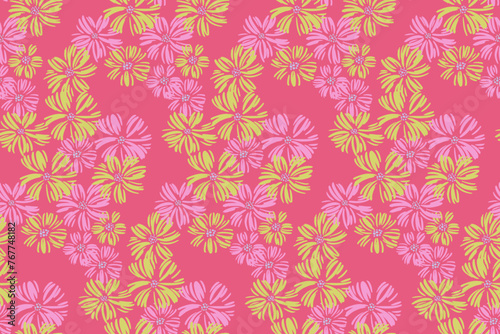 Bright summer abstract flowers seamless pattern. Colorful creative shapes simple floral printing on a pink background. Template for designs, children textiles, surface design, fabric