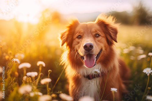 Cheerful Canine in Daisies: Radiant Dog with a Sunset Backdrop © Darya