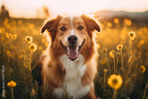 Sunflower Serenity: Happy Dog Enjoying the Sunset Glow