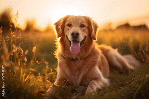 Golden Retriever Enjoying the Warmth of Sunset in a Field