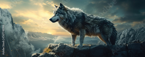 Majestic grey wolf standing on a peak © Alena