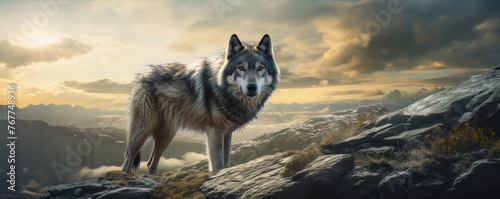 Majestic grey wolf standing on a peak © Alena