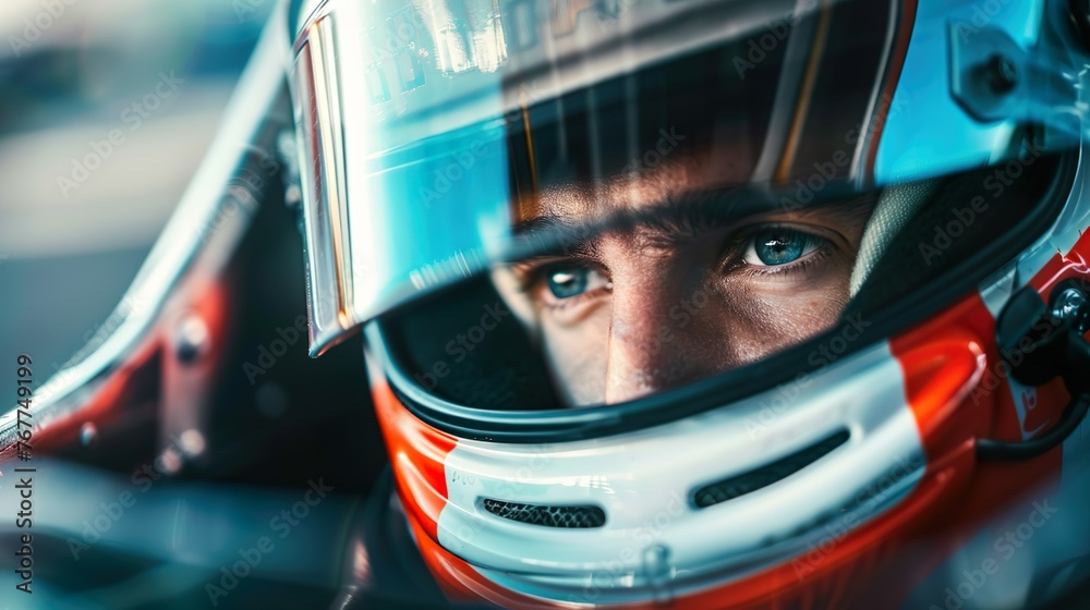 Close-up image of a driver's focused eyes peeking through the helmet visor during a high-speed race