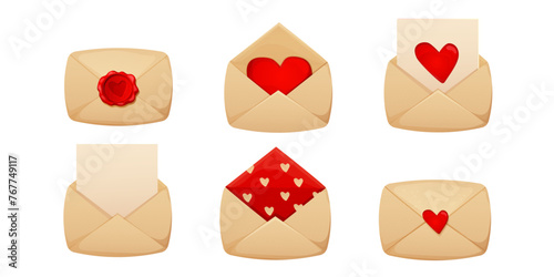 Set romantic envelope, love letter with wax seal heart shape rope Valentines day holiday isolated on white background. 