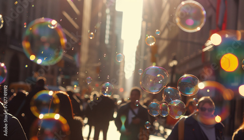 Soap bubbles floating in the air on a beautiful sunny day with people and a busy city in the background