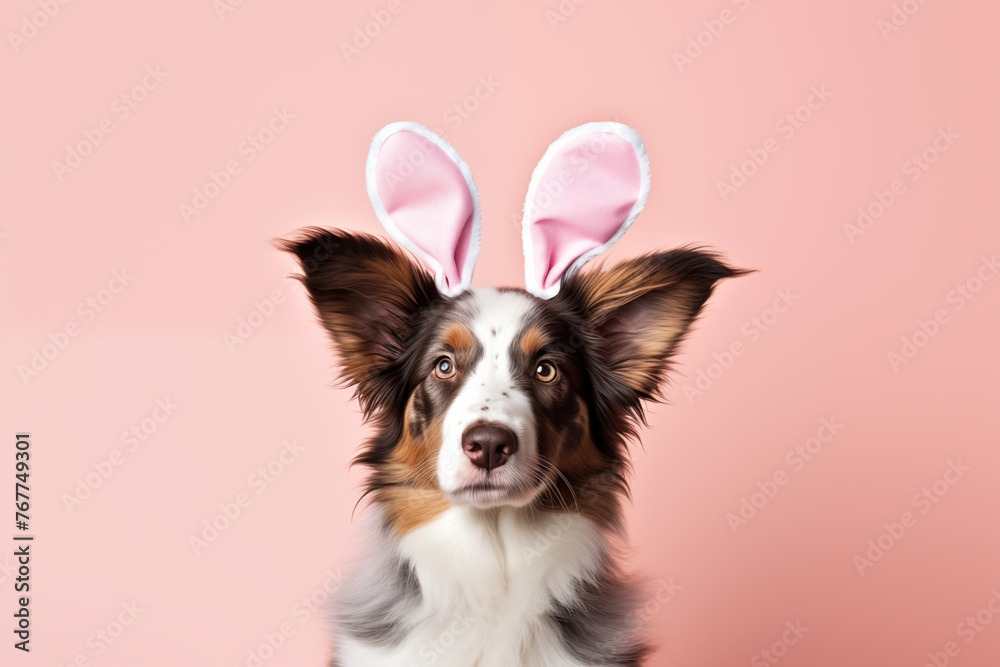 Adorable Aussie Pup with Bunny Ears on Pink Background for Easter