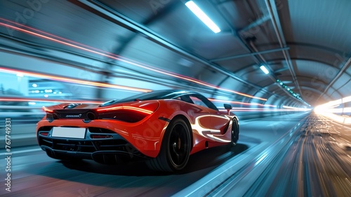 Dramatic shot of a sports car racing through a tunnel, with lights streaking past, creating a sense of motion