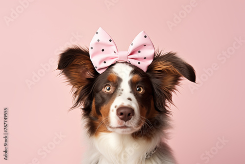 Pretty in Polka Dots: Adorable Dog with a Pink Bow on Soft Pink Background