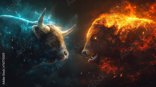 Bear and bull looking at each other Stock market direction.