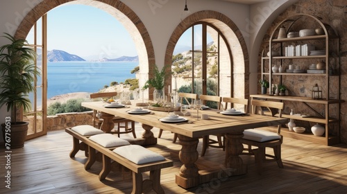A large dining room with a long wooden table and a view of the ocean. The table is set with plates, cups, and bowls, and there are several chairs around it. The room has a warm and inviting atmosphere