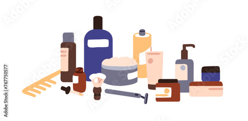 Cosmetic products for male beauty, hygiene. Cream tubes, shampoo and body skincare gel bottles, jars, shaving brush and razor composition. Flat vector illustration isolated on white background