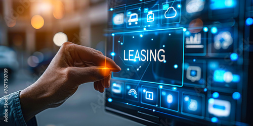 Professional showcasing set of digital icons, with the prominent Leasing icon, concept of leasing services, financial arrangements, asset management, businesses seeking alternative ownership models photo