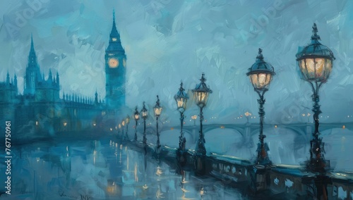 An oil painting of street lamps and a big city in the background.