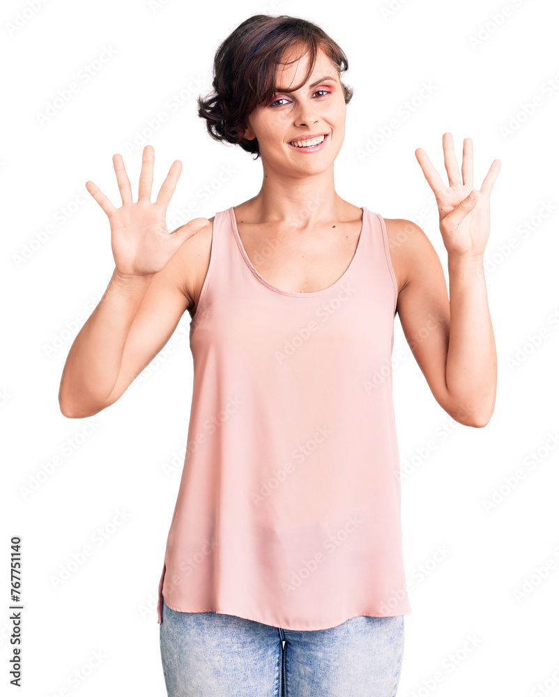 Beautiful young woman with short hair wearing casual style with sleeveless shirt showing and pointing up with fingers number nine while smiling confident and happy. Beautiful young woman with short hair wearing casual style with sleeveless shirt showing and pointing up with fingers number nine while smiling confident and happy.