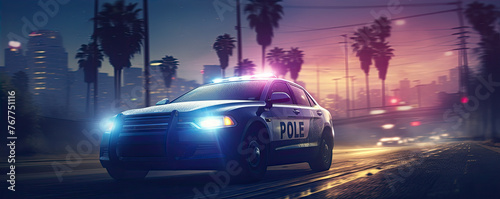 Police car in high-speed pursuit at night
