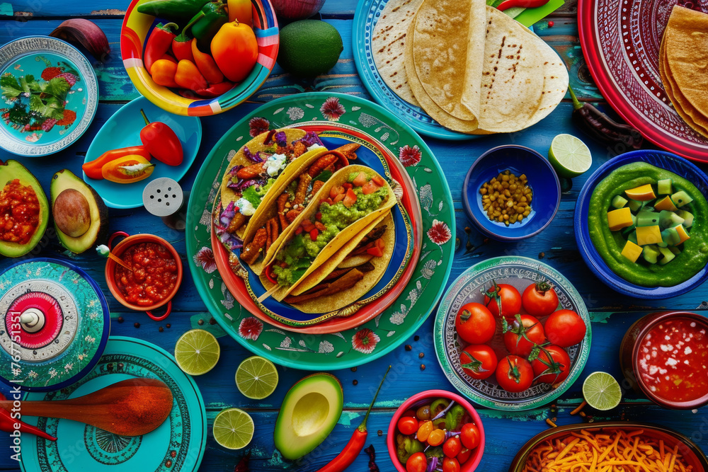 Mexican fiesta table with spread of tacos, guacamole, and salsa