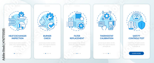 Heating inspection blue onboarding mobile app screen. HVAC walkthrough 5 steps editable graphic instructions with linear concepts. UI, UX, GUI template. Myriad Pro-Bold, Regular fonts used