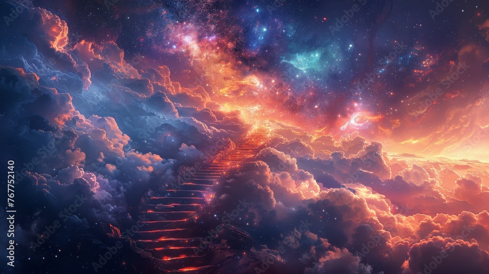 A colorful sky with a staircase of clouds