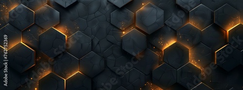 Abstract background with dark gray and orange hexagon shapes, creating an industrial atmosphere. The wall is made of dark metal, glowing in golden light. Background for design, banner, poster or cover