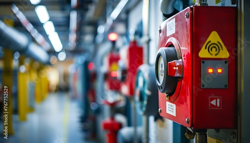 Industrial Safety Focus, Detailed Fire Alarm Equipment & Signage in Close-up