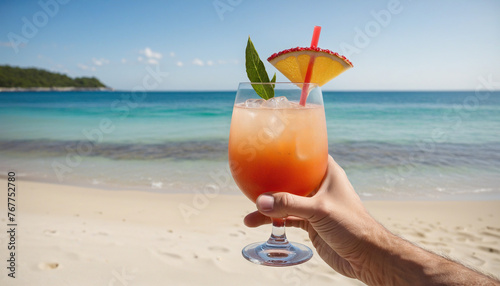 Hand of a man holding a cocktail on the beach on a sunny summer day on vacation colorful background