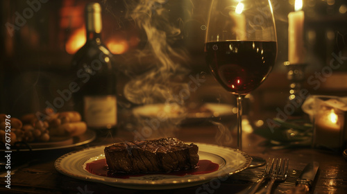 dinner with wine and a crockett beef steak, in the style of moody neo-noir, terracotta, sfumato, rich and immersive, letras y figuras, whistlerian, tonal palette photo