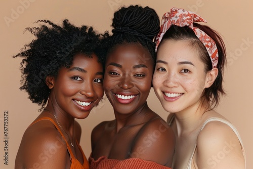 Three diverse women smiling and posing together