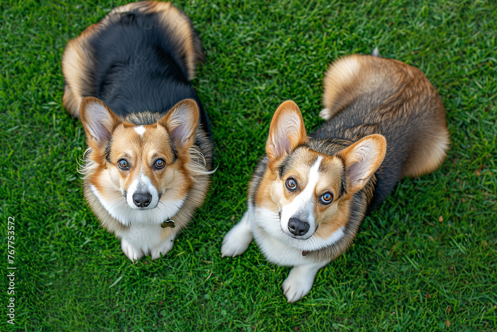 Two dogs are smiling and looking at the camera. They are both brown and white. Scene is happy and playful