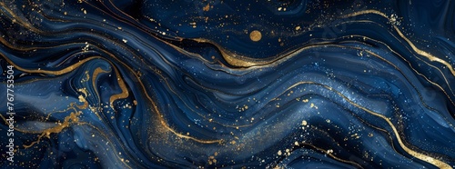 Abstract blue and gold marble background, fluid liquid art with swirling patterns of dark navy blue and shimmering golden hues.