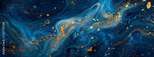Abstract blue and gold marble background, fluid liquid art with swirling patterns of dark navy blue and shimmering golden hues. photo