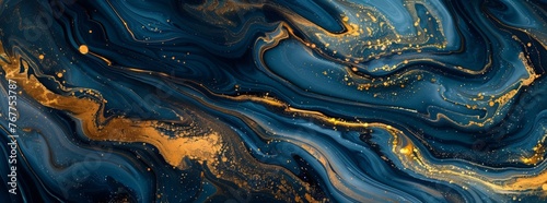 Abstract blue and gold marble background, fluid liquid art with swirling patterns of dark navy blue and shimmering golden hues.