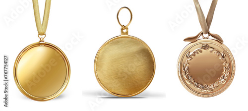 Golden medal, with a large and long fabric cord, elegant on transparency background PNG
