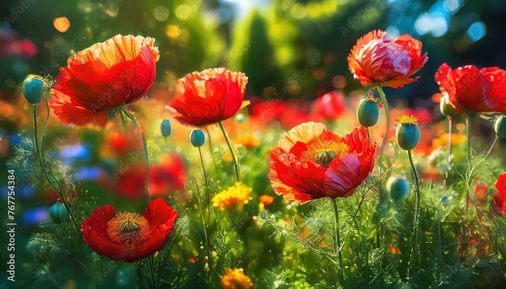 Fototapeta premium Summer garden with blooming red poppies