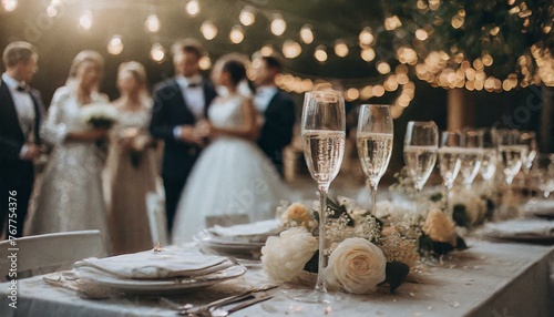 Przyjęcie weselne. Stół z zastawą stołową i kieliszkami szampana, w tle goście weselni